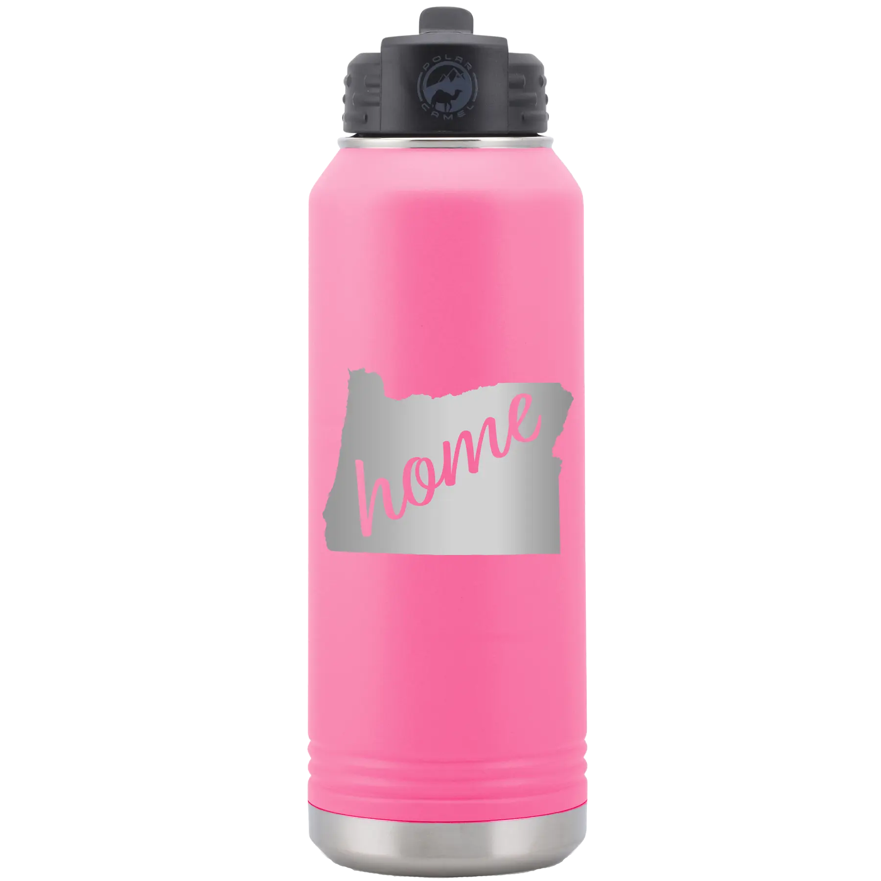 Laser etched pink 32 oz vacuum insulated water bottle with 'Oregon Home' design