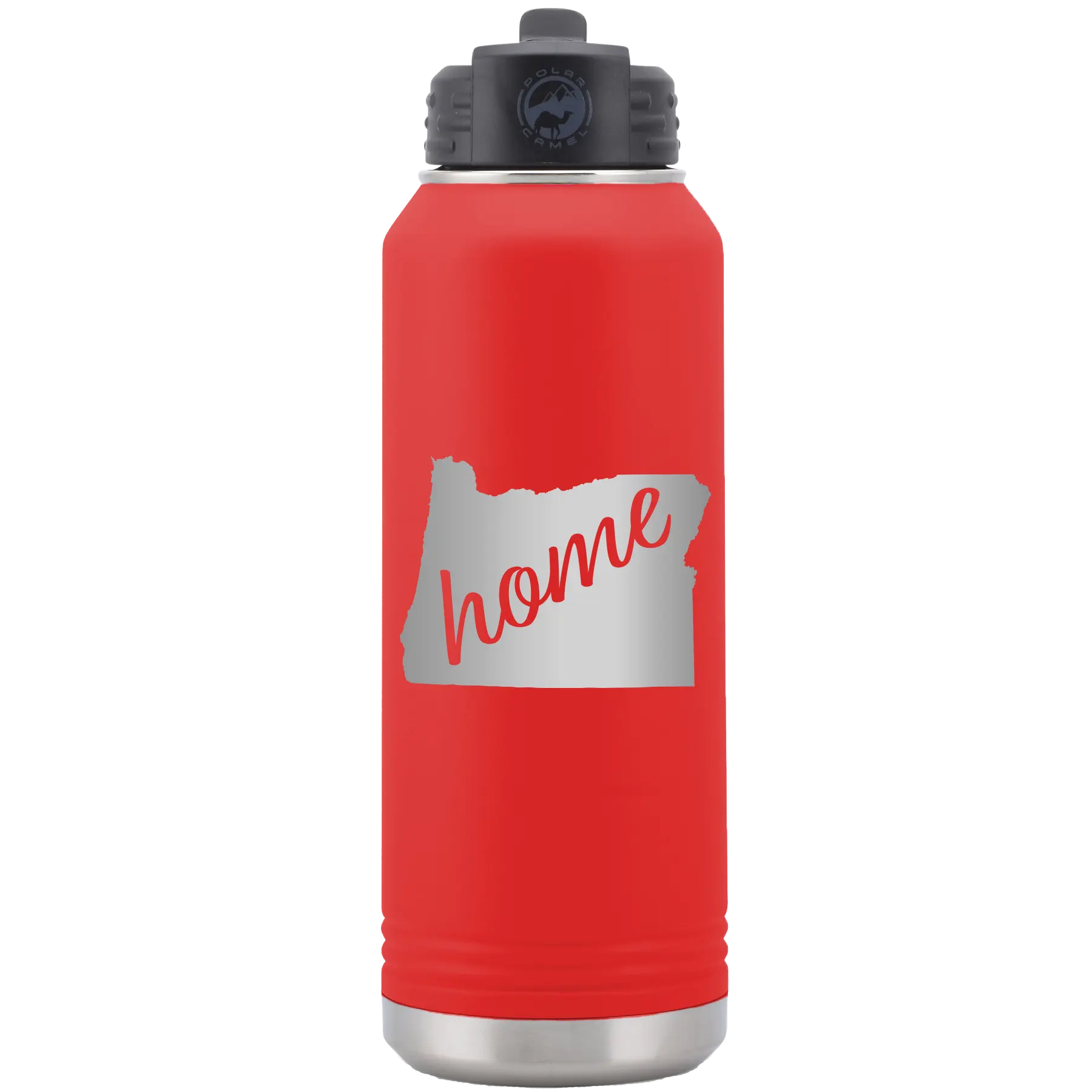 Laser etched red 32 oz vacuum insulated water bottle with 'Oregon Home' design