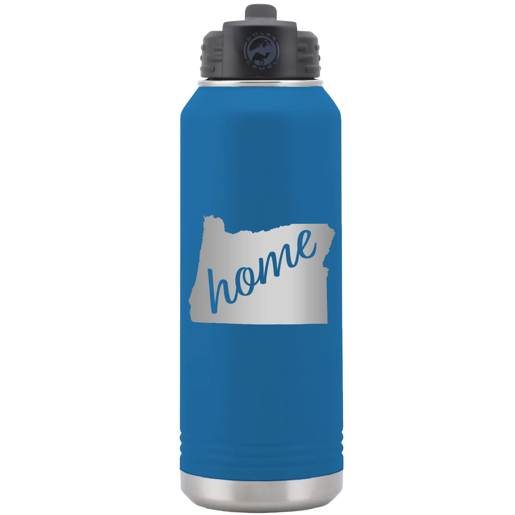 Laser etched royal blue 32 oz vacuum insulated water bottle with 'Oregon Home' design