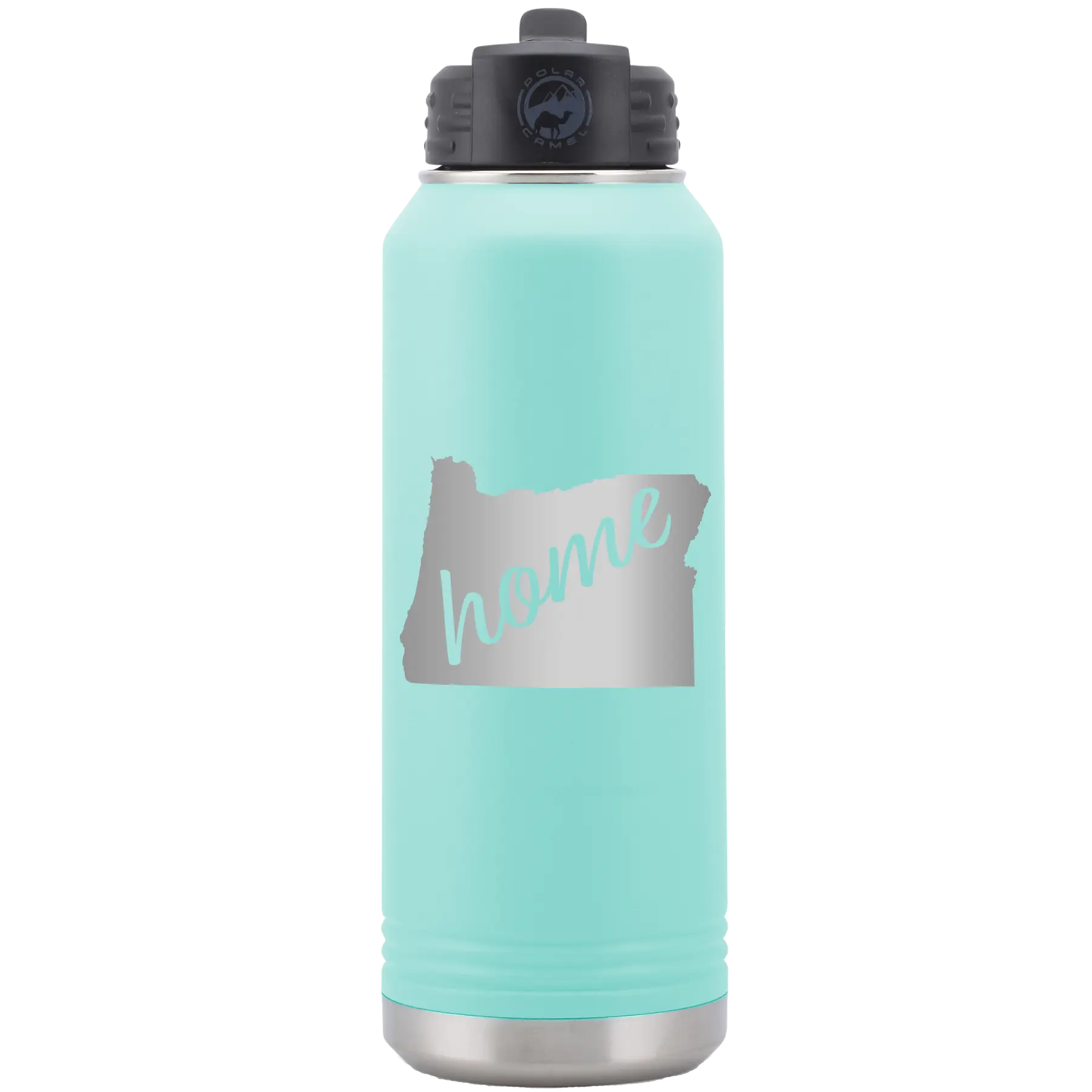 Laser etched teal 32 oz vacuum insulated water bottle with 'Oregon Home' design