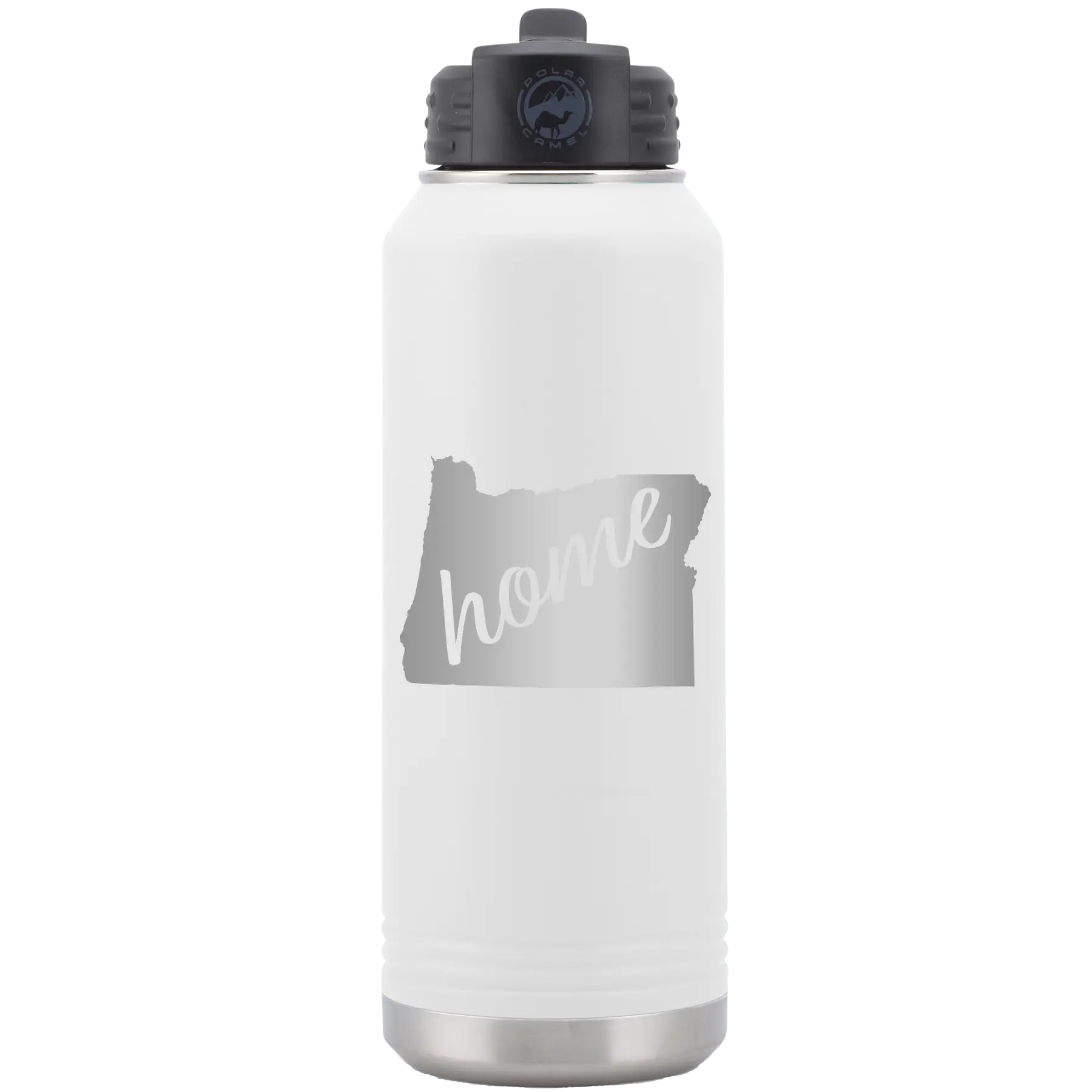 Laser etched white 32 oz vacuum insulated water bottle with 'Oregon Home' design