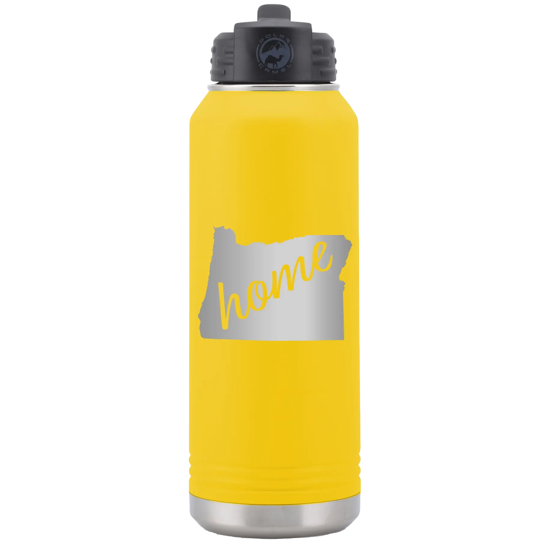 Laser etched yellow 32 oz vacuum insulated water bottle with 'Oregon Home' design