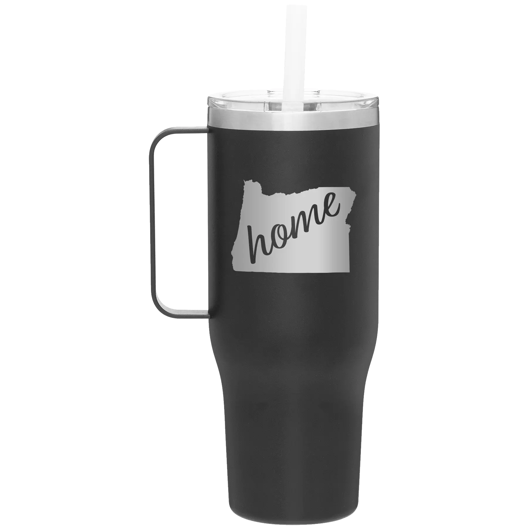 Laser etched black 40 oz vacuum insulated tumbler mug with 'Oregon Home' design