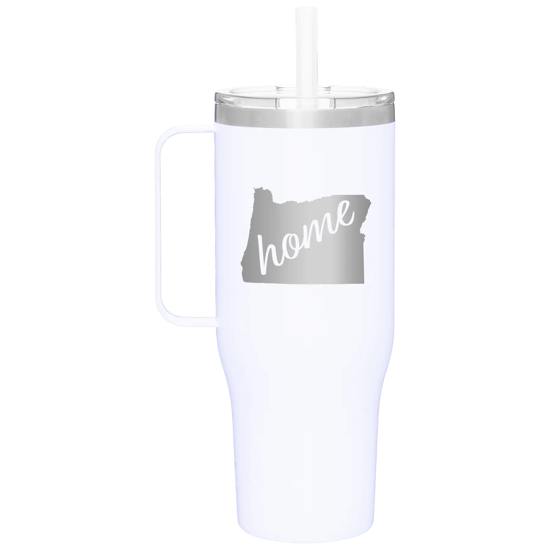 Laser etched white 40 oz vacuum insulated tumbler mug with 'Oregon Home' design