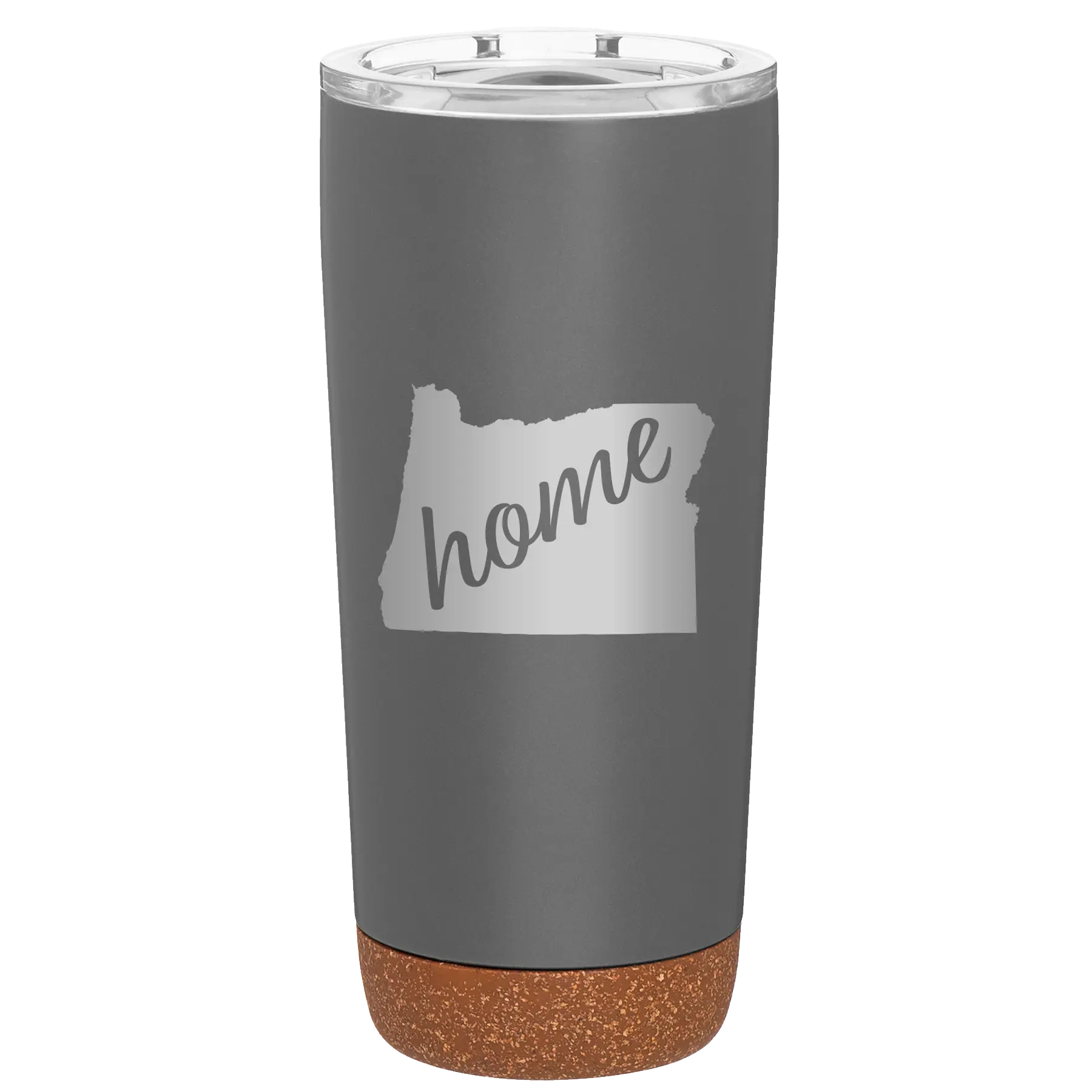 Laser etched storm gray 20 oz vacuum insulated tumbler with 'Oregon Home' design