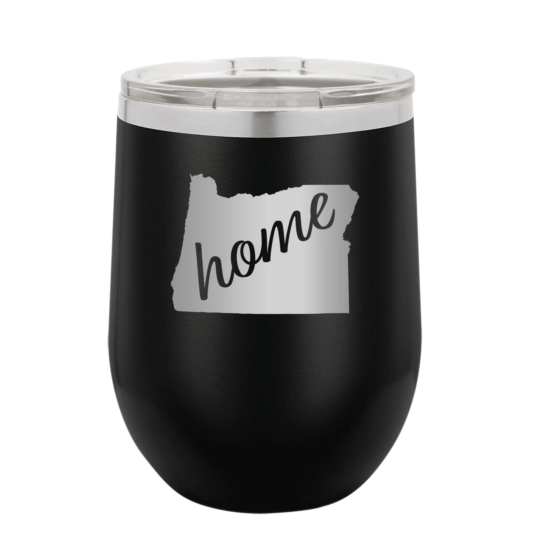 Laser etched black 12 oz vacuum insulated wine cup with 'Oregon Home' design