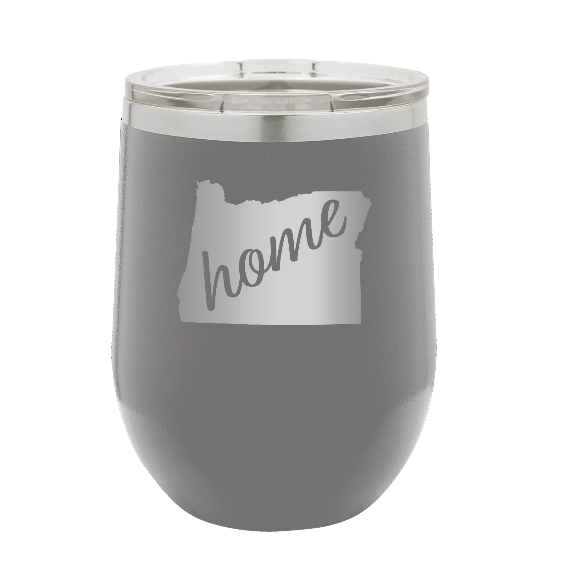 Laser etched dark gray 12 oz vacuum insulated wine cup with 'Oregon Home' design
