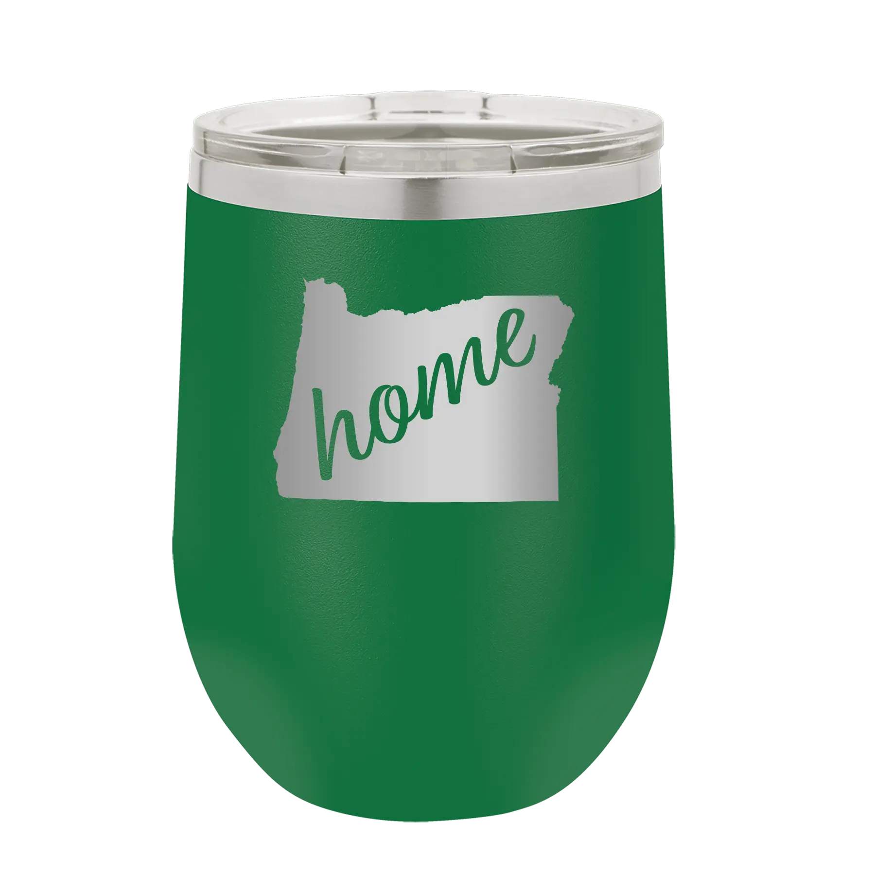 Laser etched green 12 oz vacuum insulated wine cup with 'Oregon Home' design
