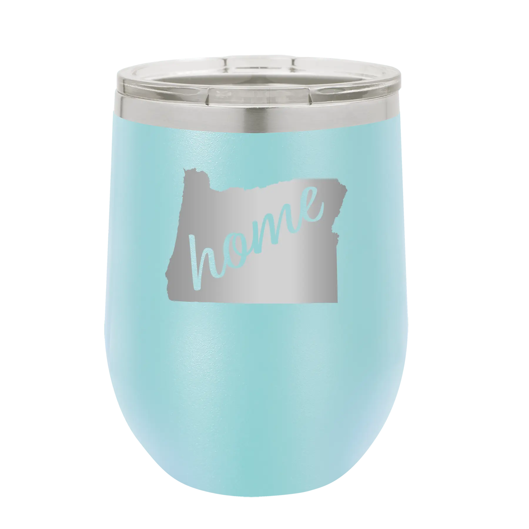Laser etched light blue 12 oz vacuum insulated wine cup with 'Oregon Home' design