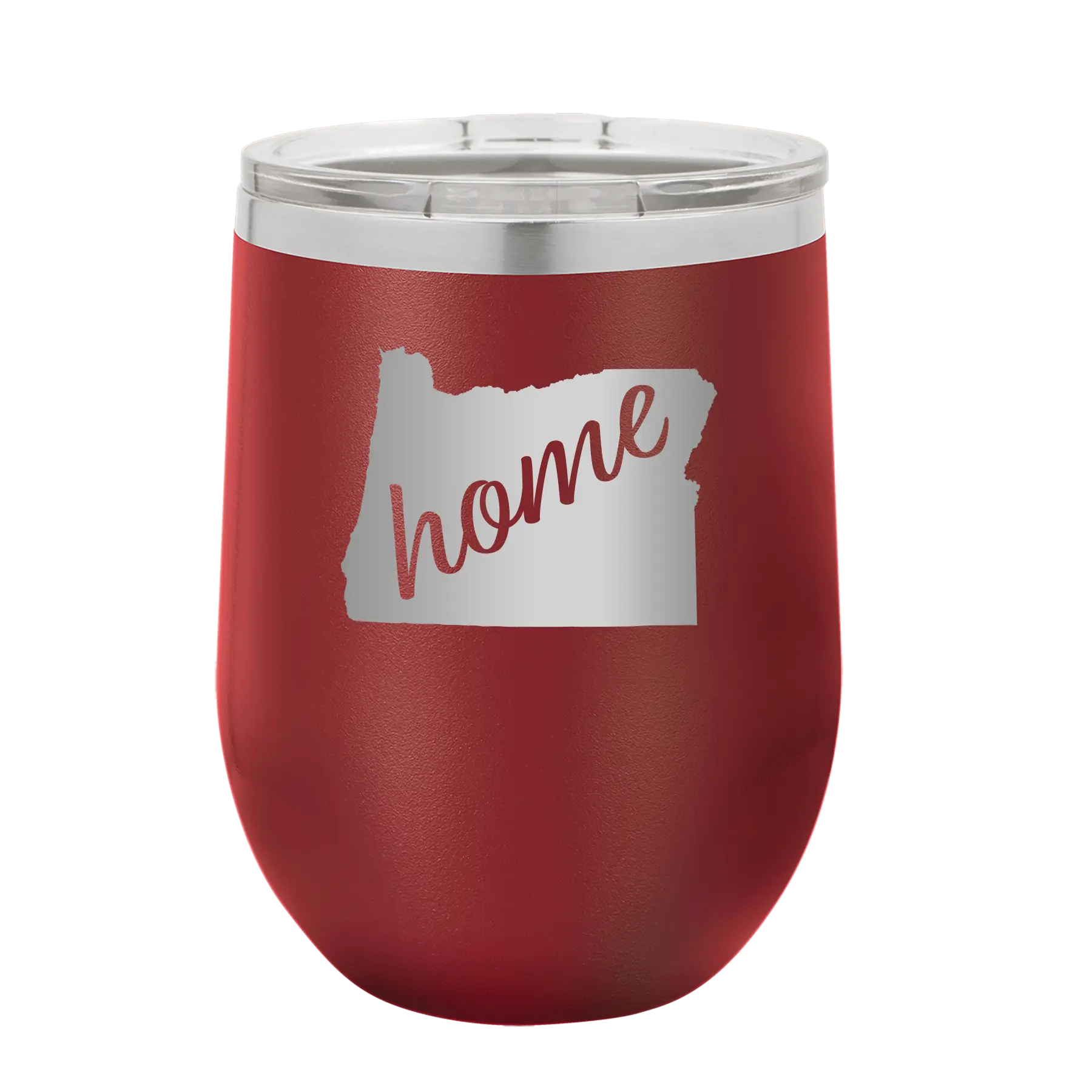 Laser etched maroon 12 oz vacuum insulated wine cup with 'Oregon Home' design
