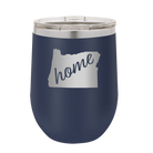 Laser etched navy 12 oz vacuum insulated wine cup with 'Oregon Home' design