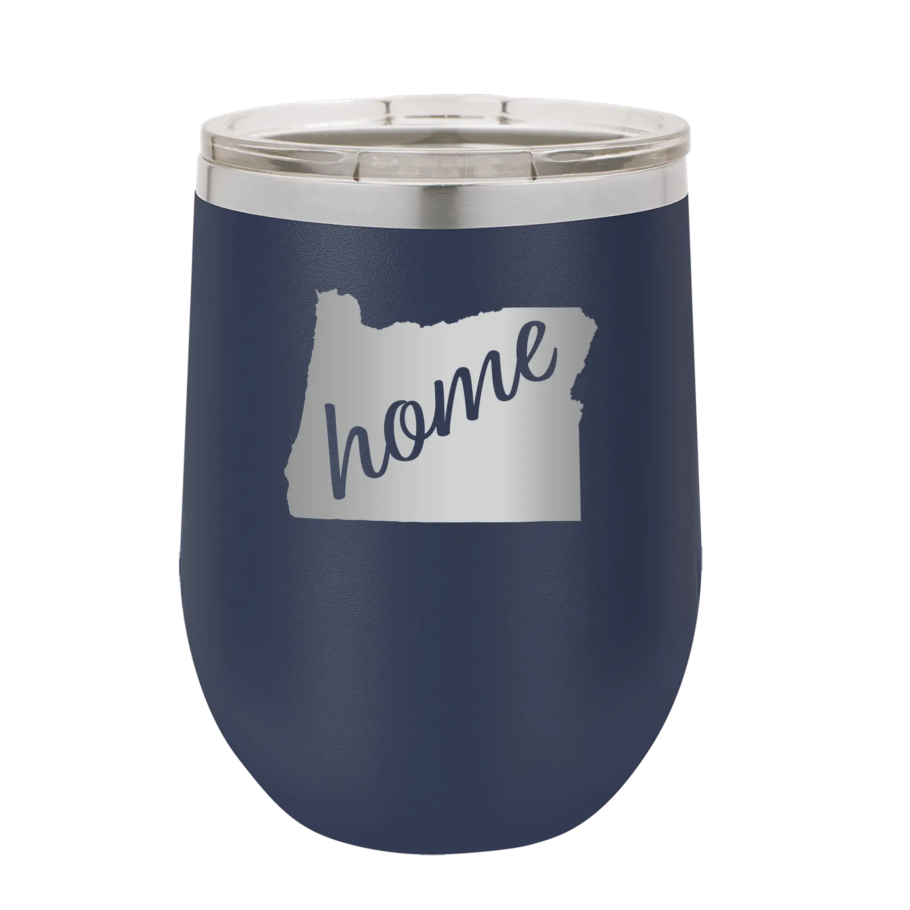 Laser etched navy 12 oz vacuum insulated wine cup with 'Oregon Home' design