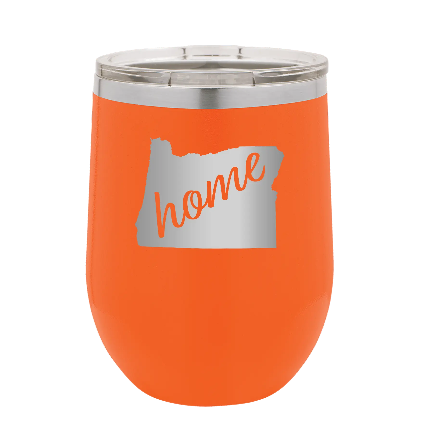 Laser etched orange 12 oz vacuum insulated wine cup with 'Oregon Home' design