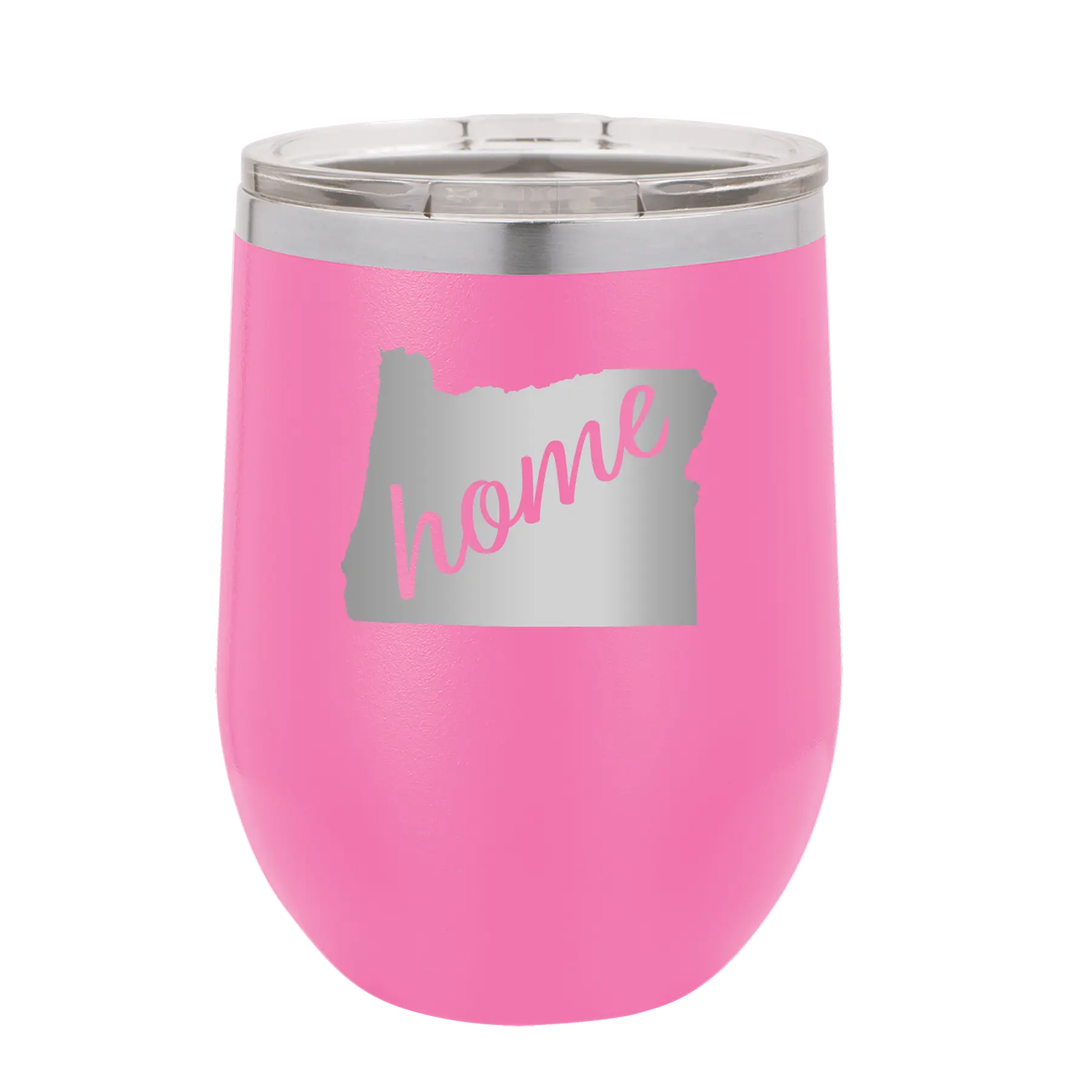 Laser etched pink 12 oz vacuum insulated wine cup with 'Oregon Home' design