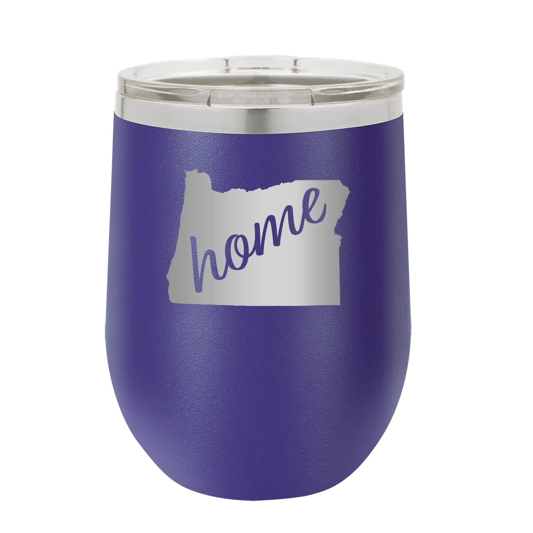 Laser etched purple 12 oz vacuum insulated wine cup with 'Oregon Home' design