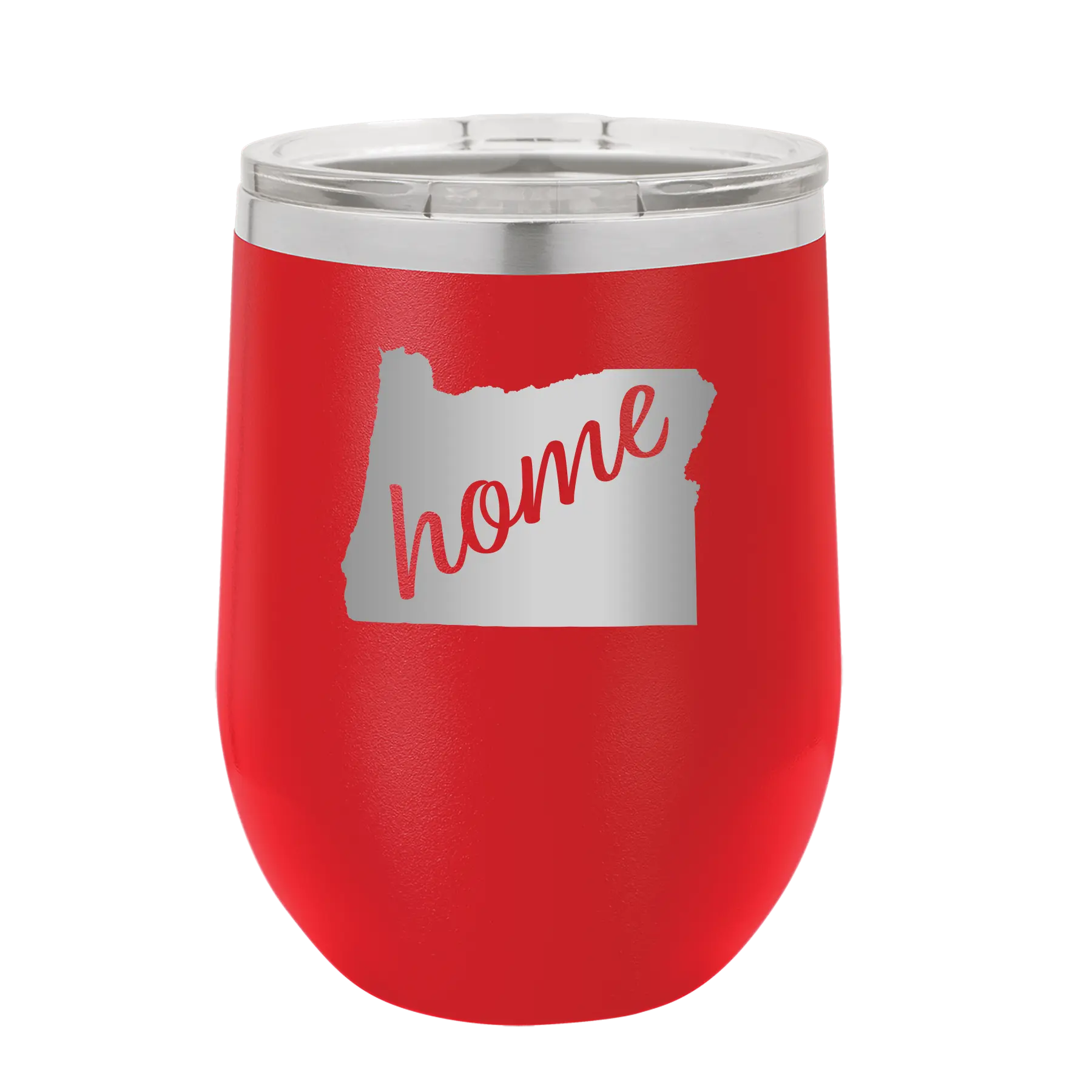 Laser etched red 12 oz vacuum insulated wine cup with 'Oregon Home' design