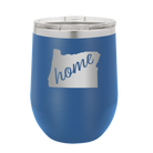 Laser etched royal blue 12 oz vacuum insulated wine cup with 'Oregon Home' design