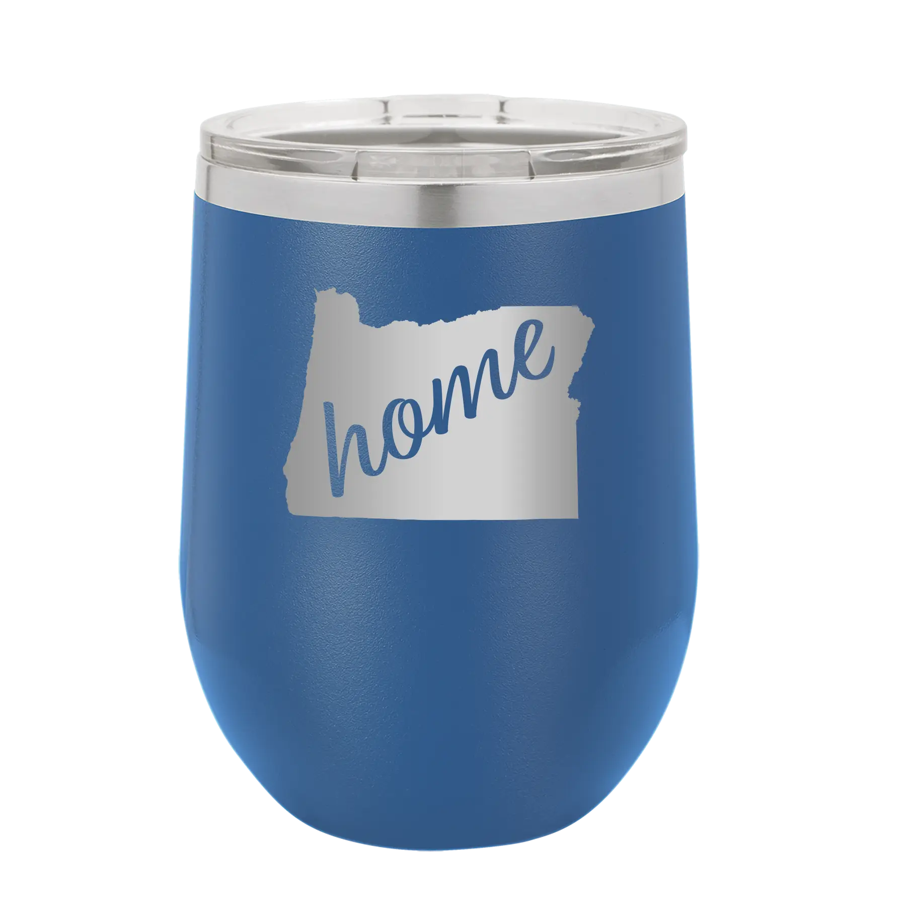Laser etched royal blue 12 oz vacuum insulated wine cup with 'Oregon Home' design