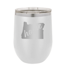 Laser etched white 12 oz vacuum insulated wine cup with 'Oregon Home' design