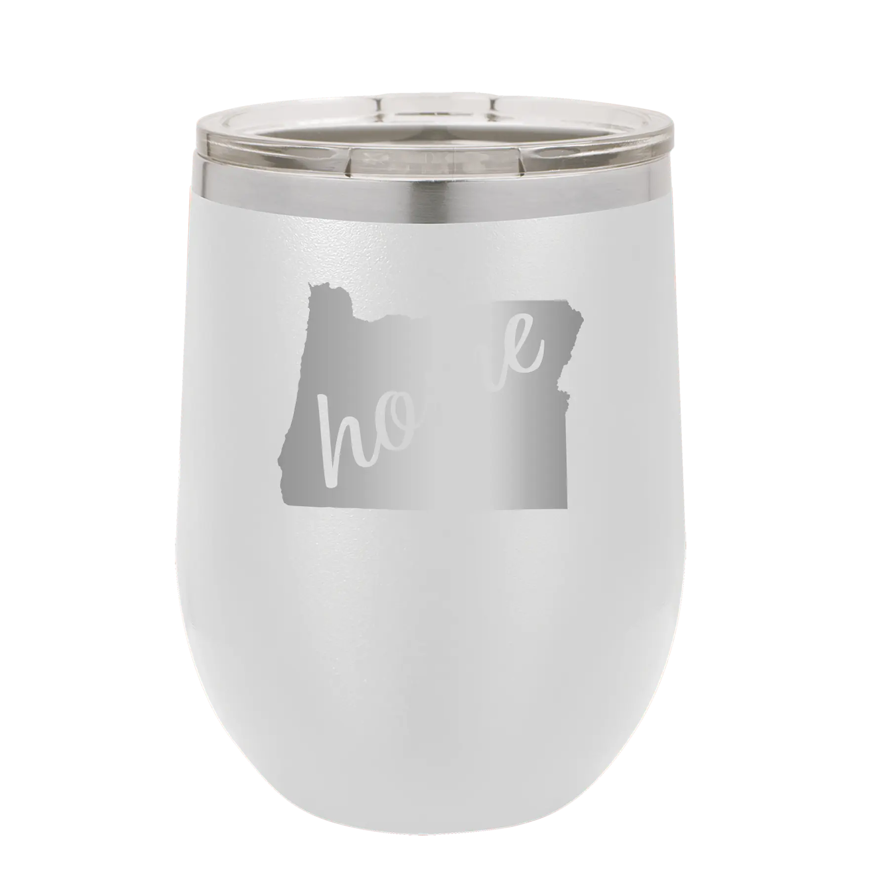 Laser etched white 12 oz vacuum insulated wine cup with 'Oregon Home' design