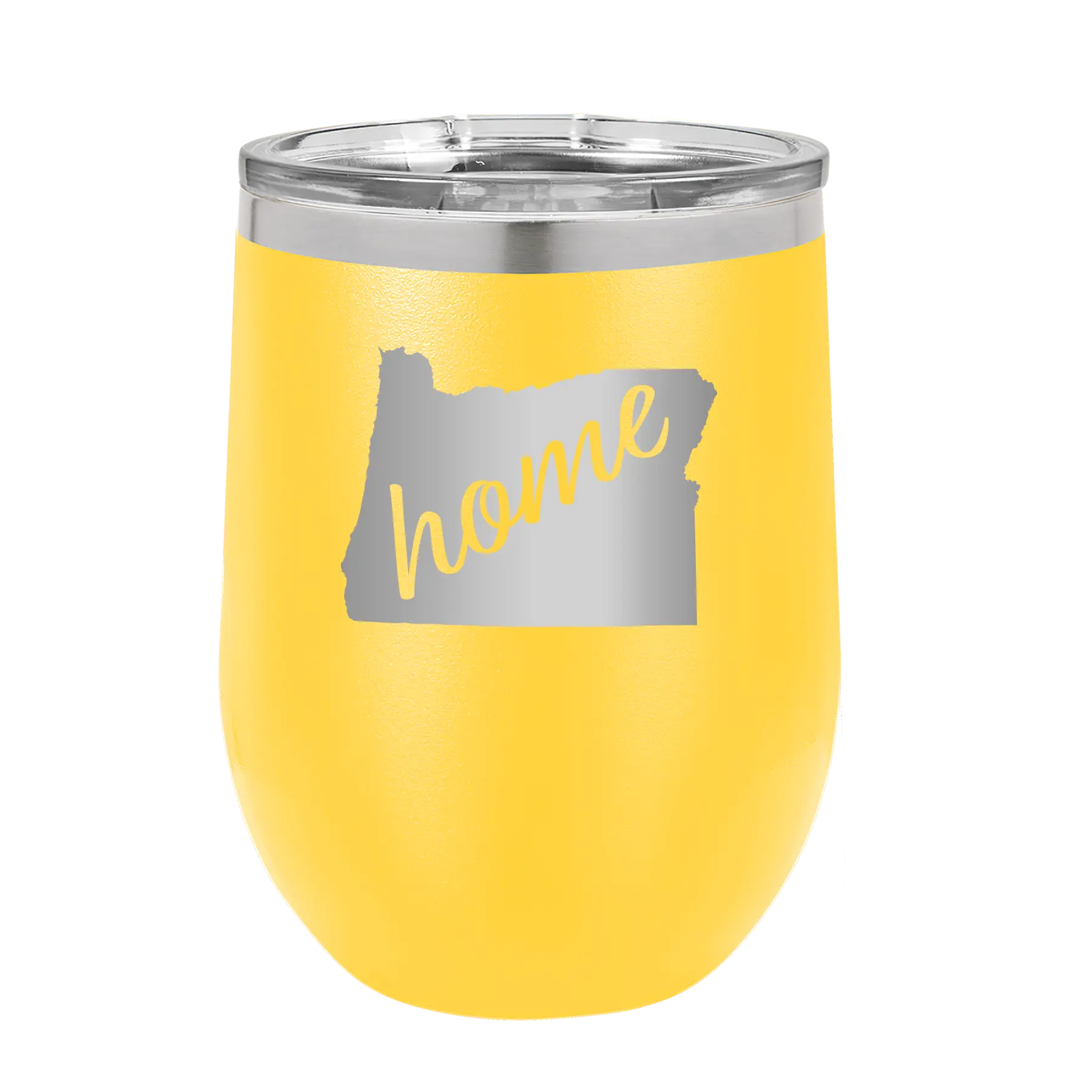 Laser etched yellow 12 oz vacuum insulated wine cup with 'Oregon Home' design