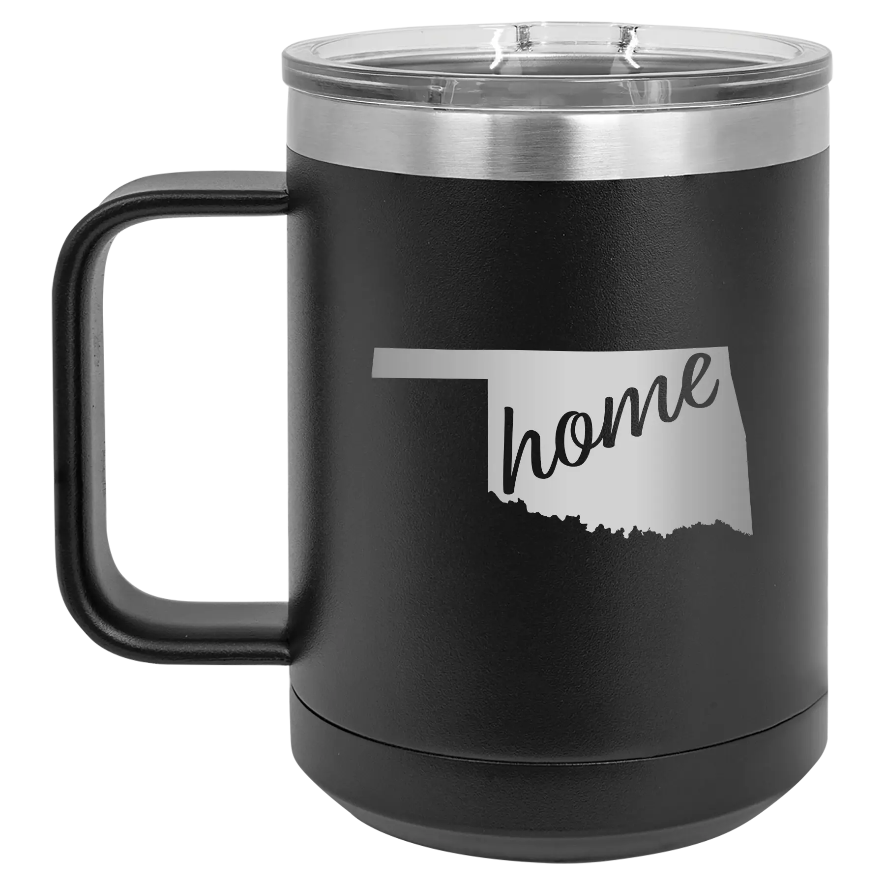 Laser etched black 15 oz vacuum insulated coffee mug with 'Oklahoma Home' design