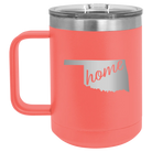 Laser etched coral 15 oz vacuum insulated coffee mug with 'Oklahoma Home' design