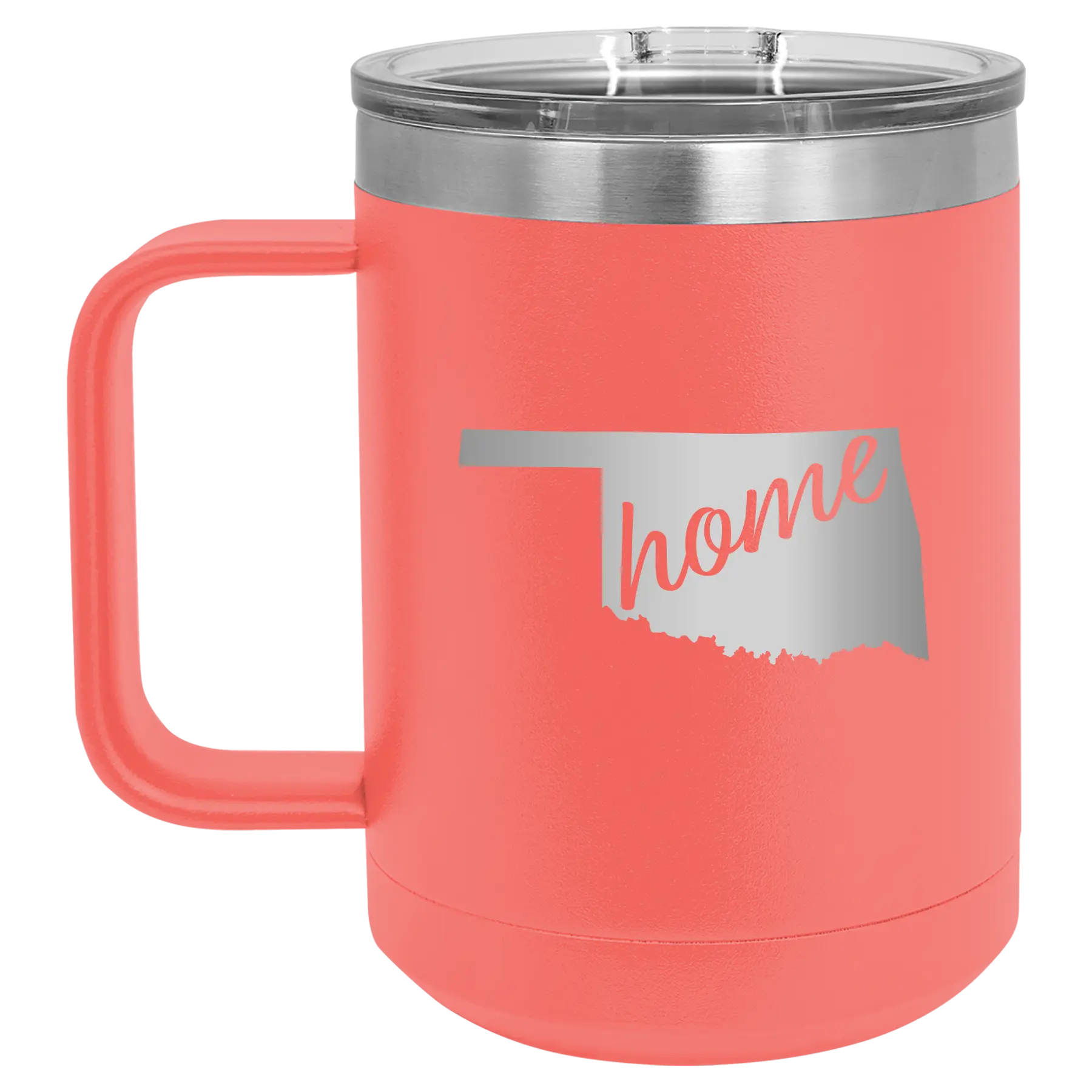 Laser etched coral 15 oz vacuum insulated coffee mug with 'Oklahoma Home' design