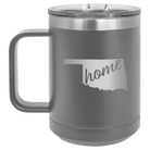 Laser etched dark gray 15 oz vacuum insulated coffee mug with 'Oklahoma Home' design