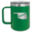 Laser etched green 15 oz vacuum insulated coffee mug with 'Oklahoma Home' design