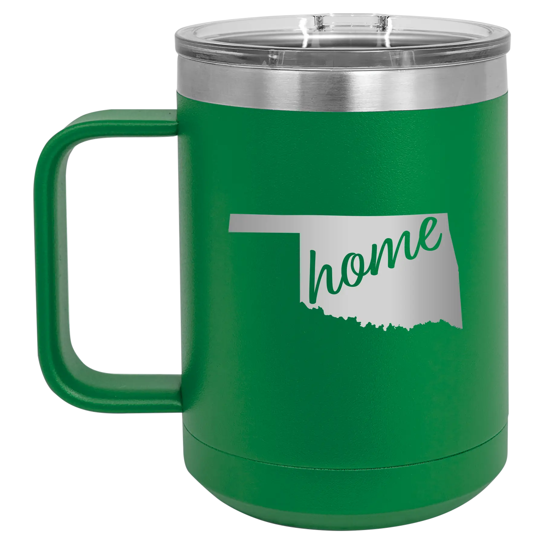Laser etched green 15 oz vacuum insulated coffee mug with 'Oklahoma Home' design