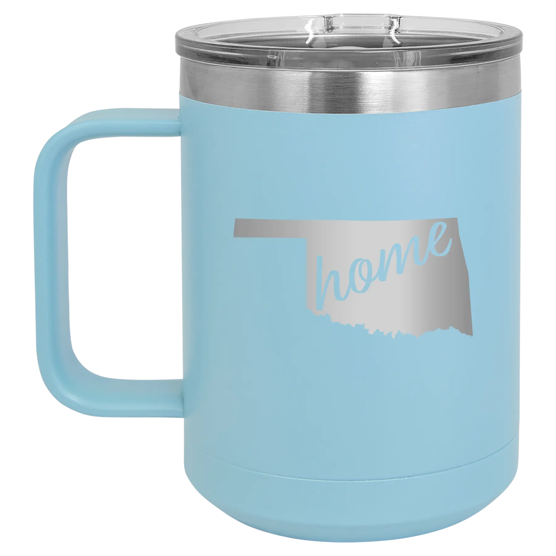 Laser etched light blue 15 oz vacuum insulated coffee mug with 'Oklahoma Home' design