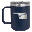 Laser etched navy 15 oz vacuum insulated coffee mug with 'Oklahoma Home' design