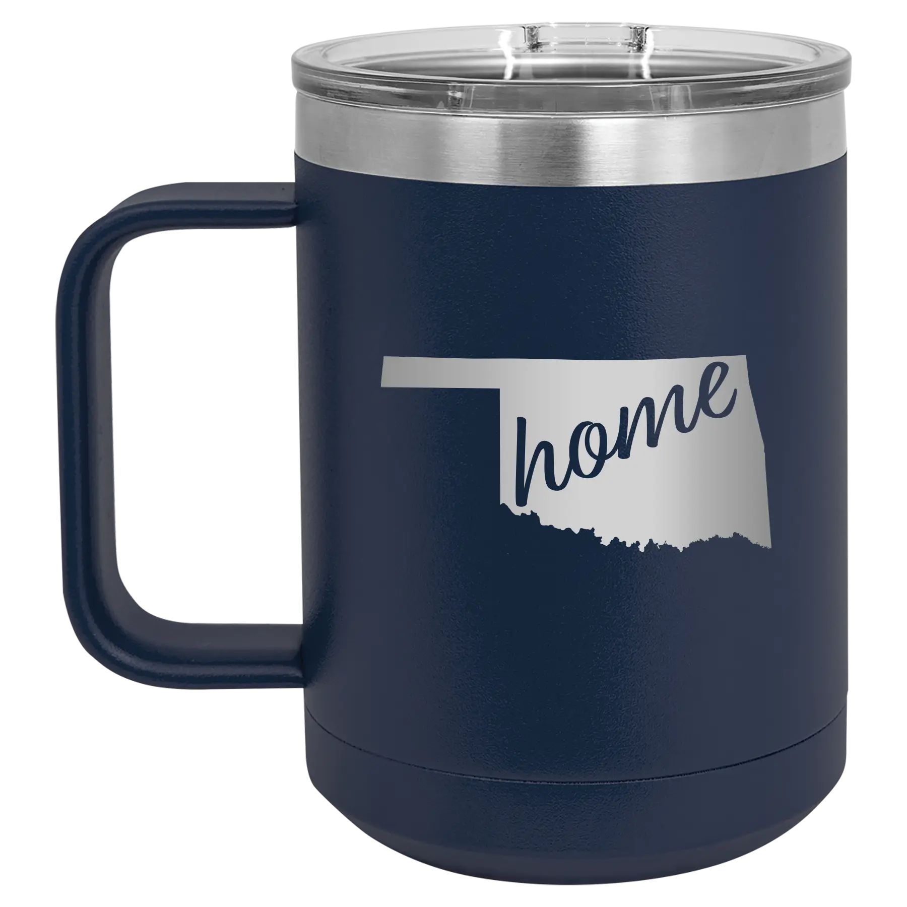 Laser etched navy 15 oz vacuum insulated coffee mug with 'Oklahoma Home' design