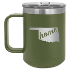 Laser etched olive green 15 oz vacuum insulated coffee mug with 'Oklahoma Home' design