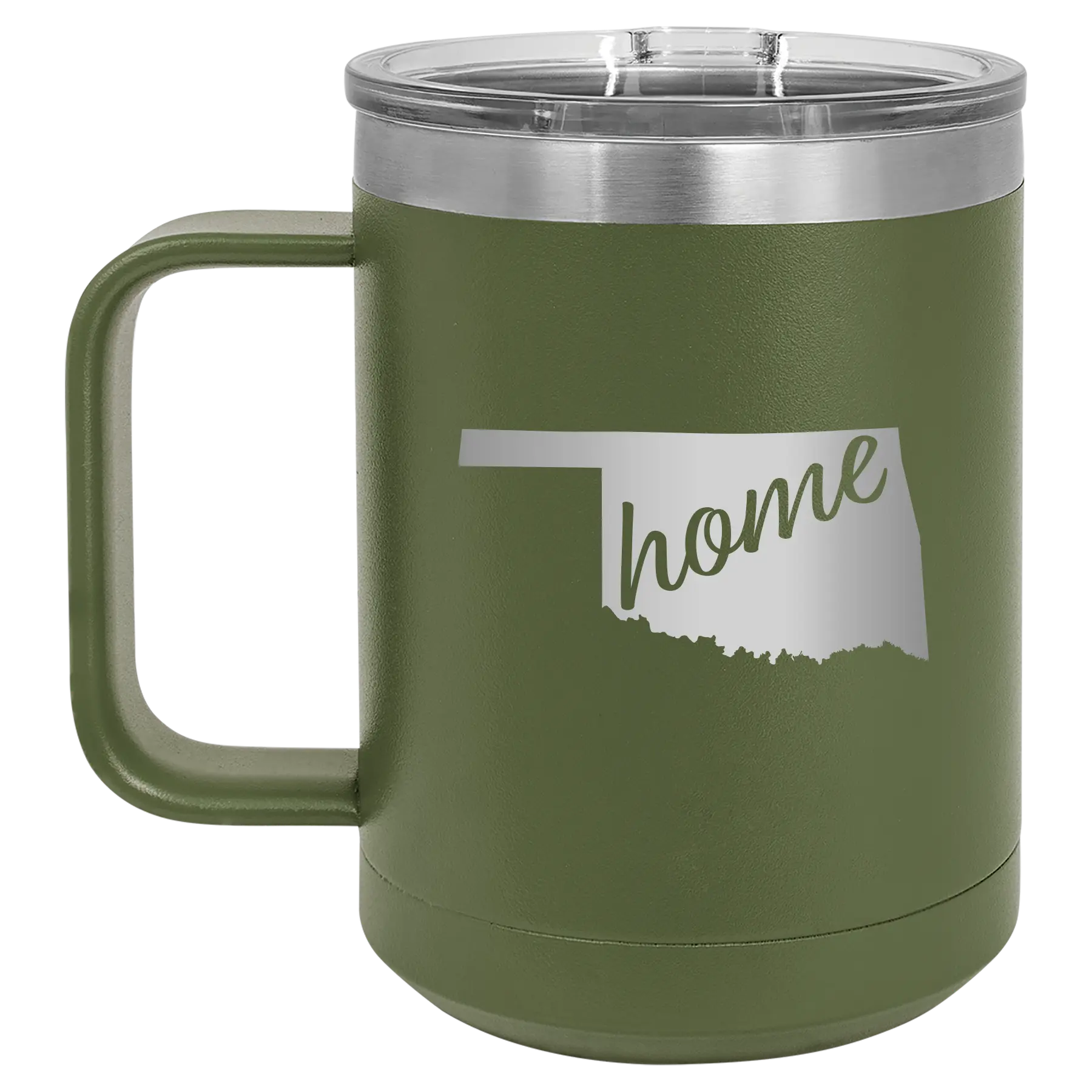Laser etched olive green 15 oz vacuum insulated coffee mug with 'Oklahoma Home' design