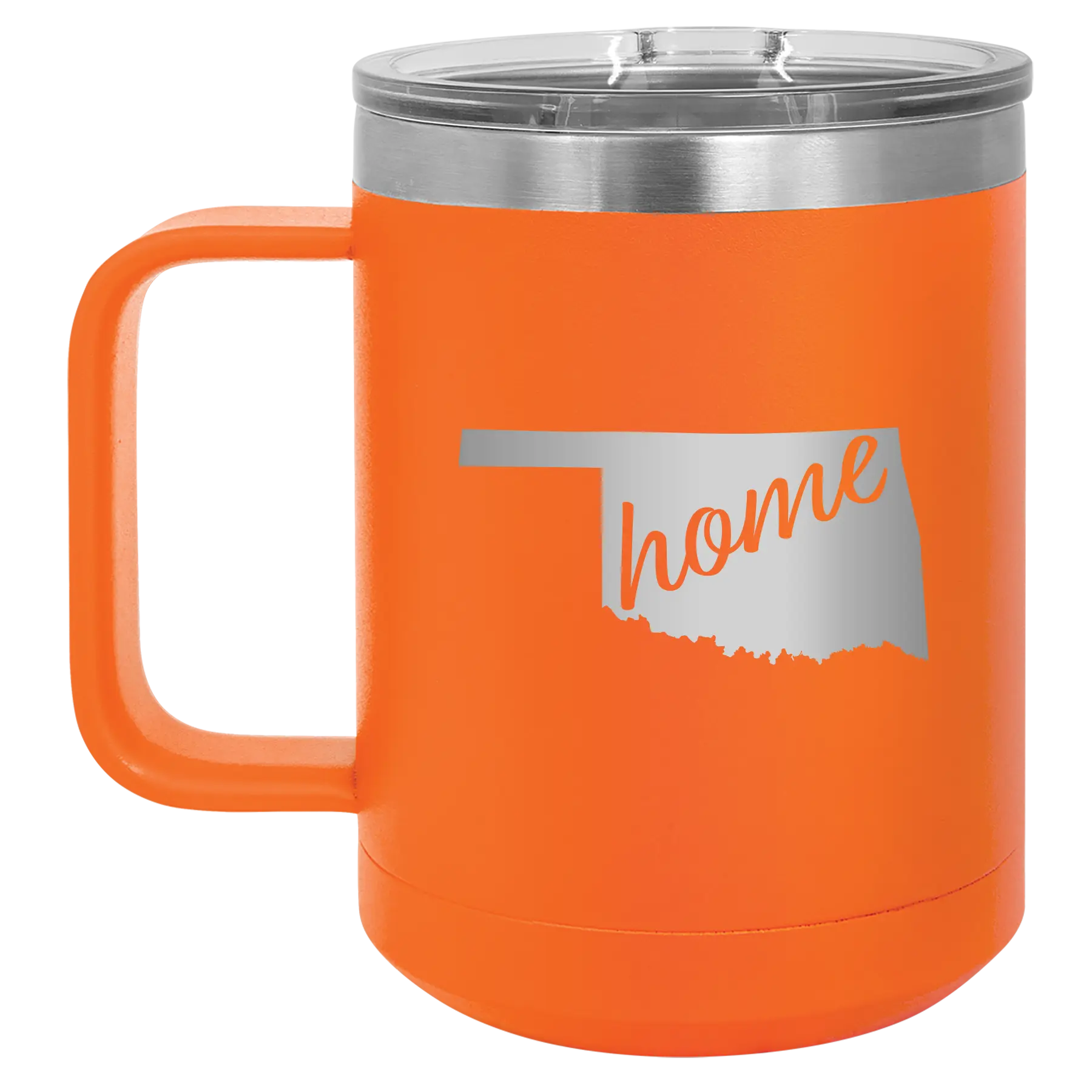 Laser etched orange 15 oz vacuum insulated coffee mug with 'Oklahoma Home' design