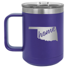 Laser etched purple 15 oz vacuum insulated coffee mug with 'Oklahoma Home' design