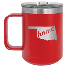 Laser etched red 15 oz vacuum insulated coffee mug with 'Oklahoma Home' design