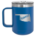 Laser etched royal blue 15 oz vacuum insulated coffee mug with 'Oklahoma Home' design