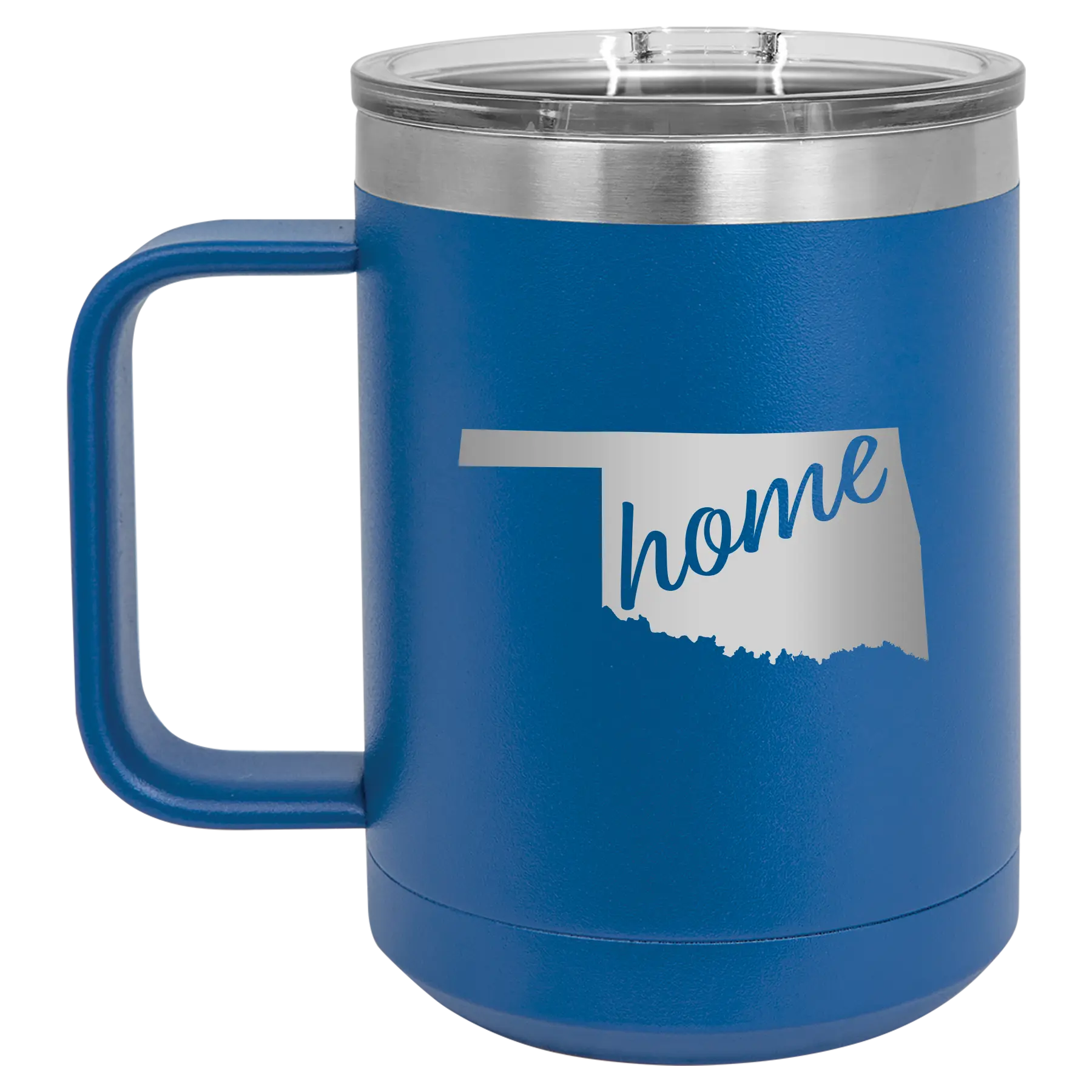 Laser etched royal blue 15 oz vacuum insulated coffee mug with 'Oklahoma Home' design