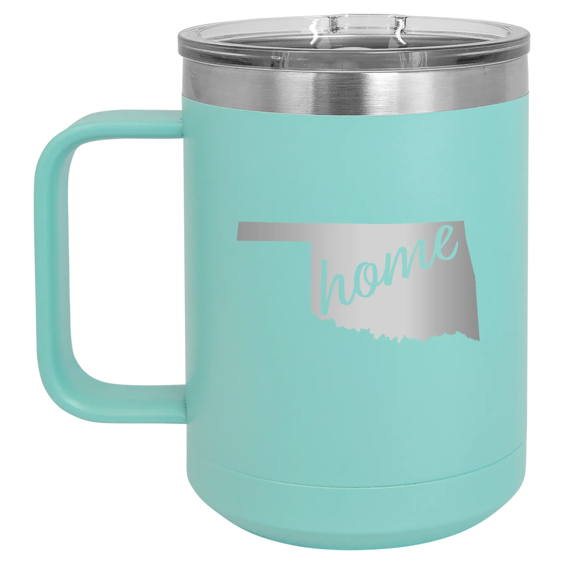 Laser etched teal 15 oz vacuum insulated coffee mug with 'Oklahoma Home' design