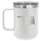 Laser etched white 15 oz vacuum insulated coffee mug with 'Oklahoma Home' design