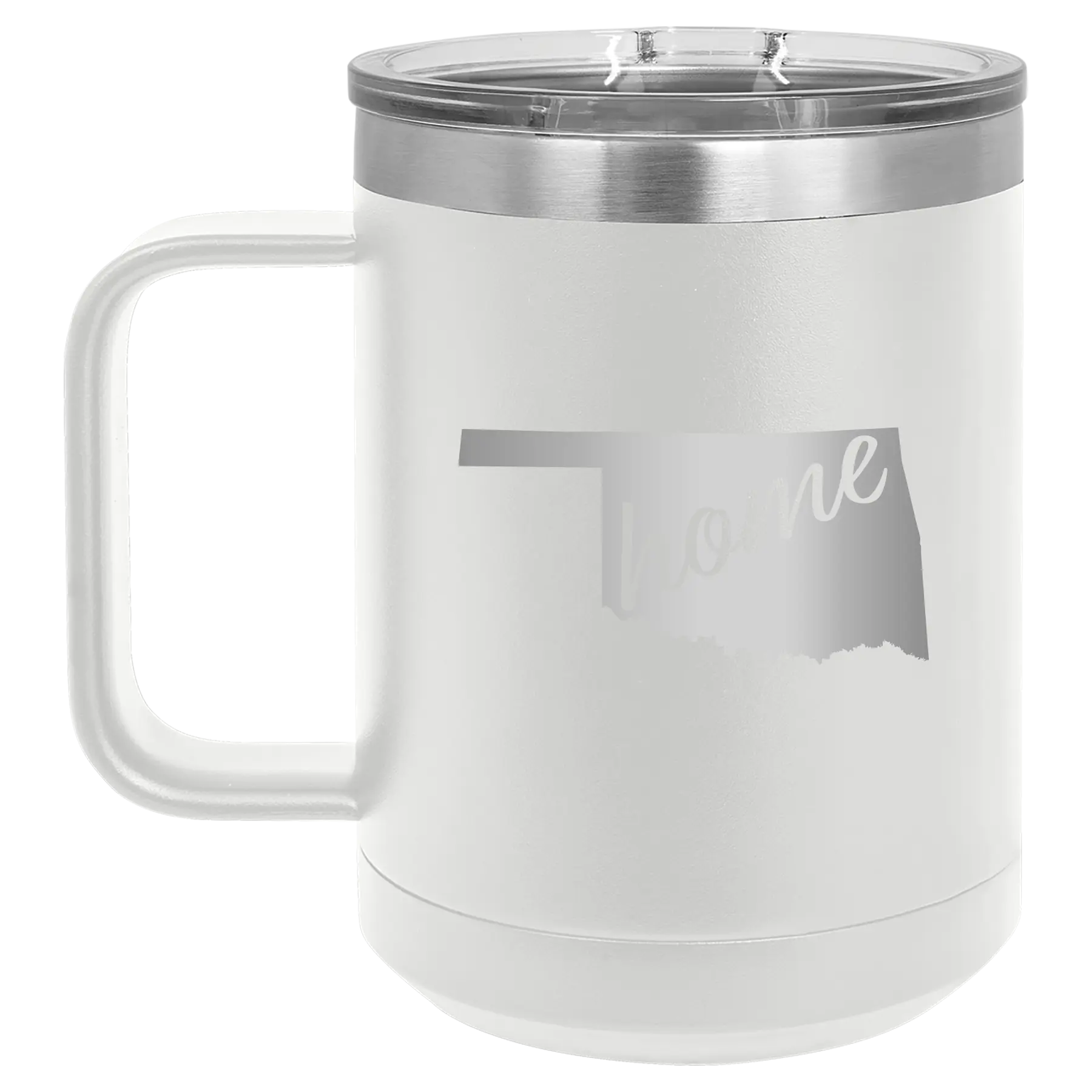 Laser etched white 15 oz vacuum insulated coffee mug with 'Oklahoma Home' design