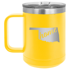 Laser etched yellow 15 oz vacuum insulated coffee mug with 'Oklahoma Home' design