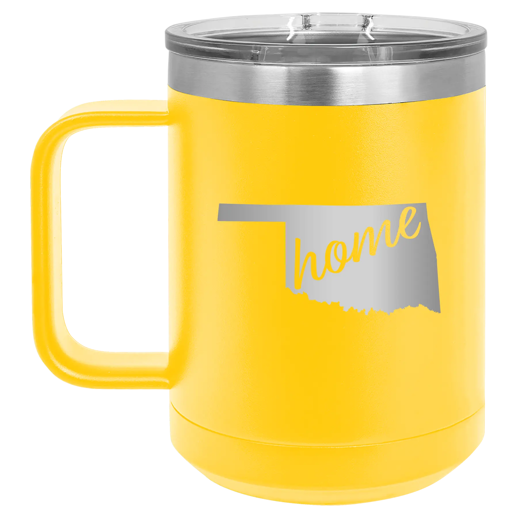 Laser etched yellow 15 oz vacuum insulated coffee mug with 'Oklahoma Home' design