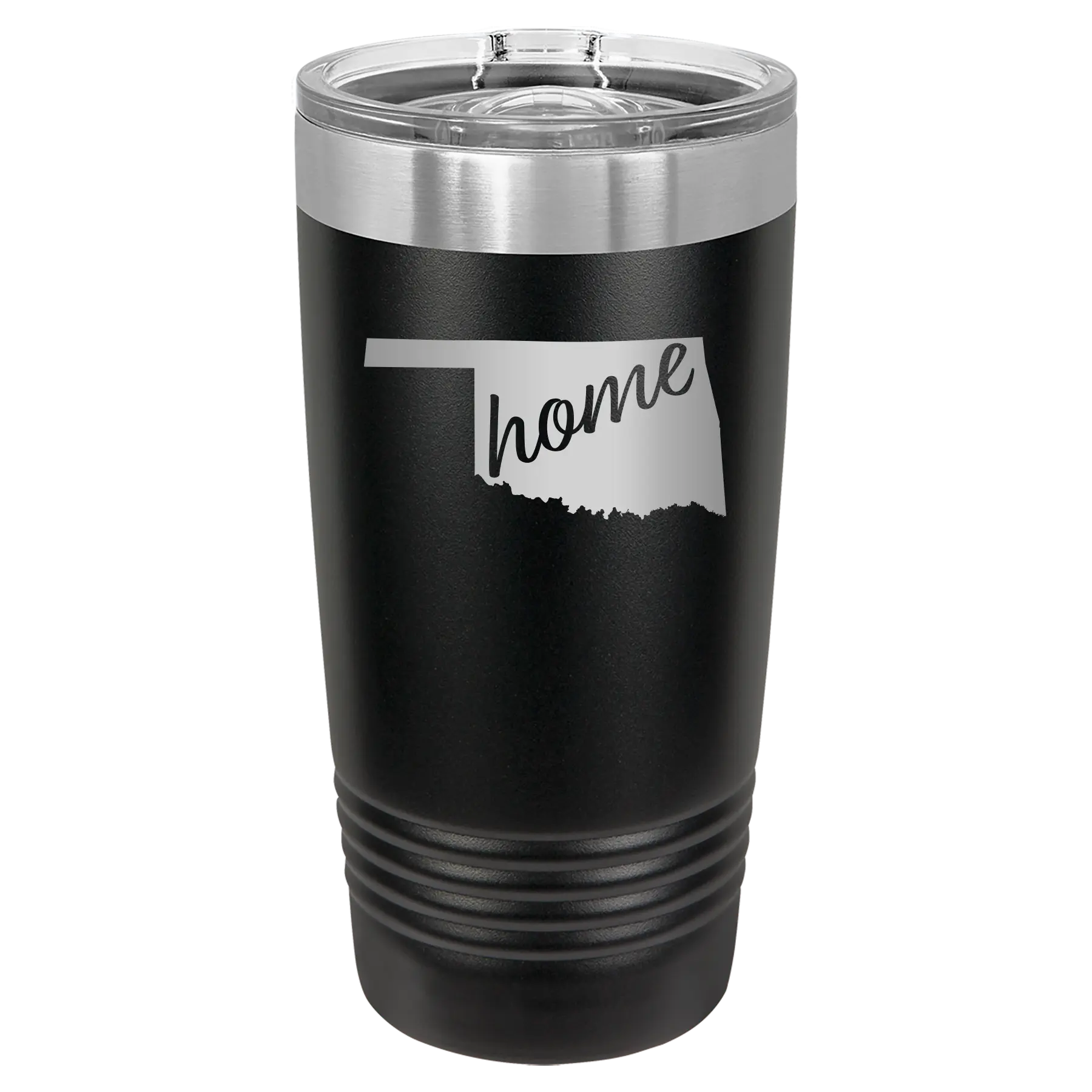 Laser etched black 20 oz vacuum insulated tumbler with 'Oklahoma Home' design