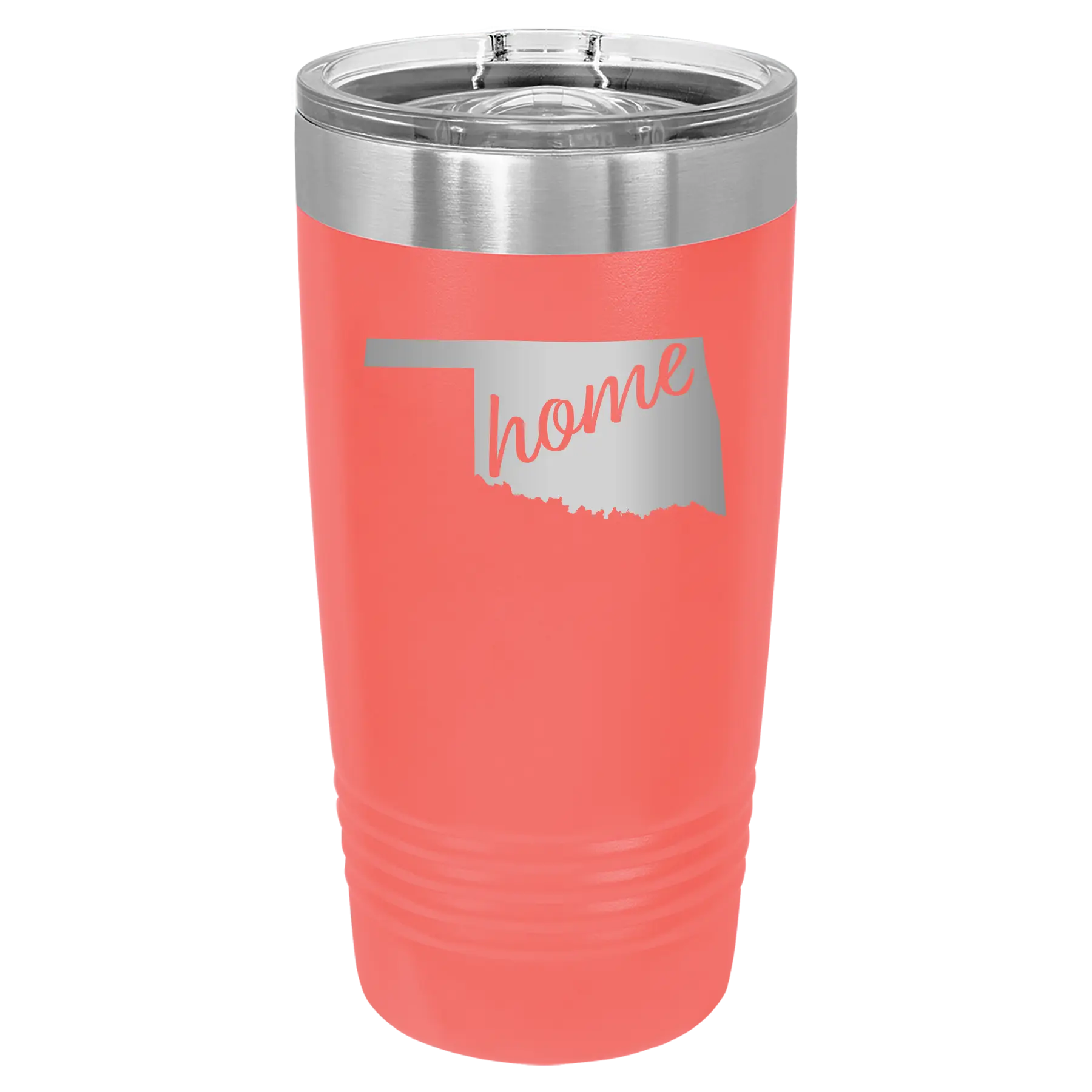 Laser etched coral 20 oz vacuum insulated tumbler with 'Oklahoma Home' design