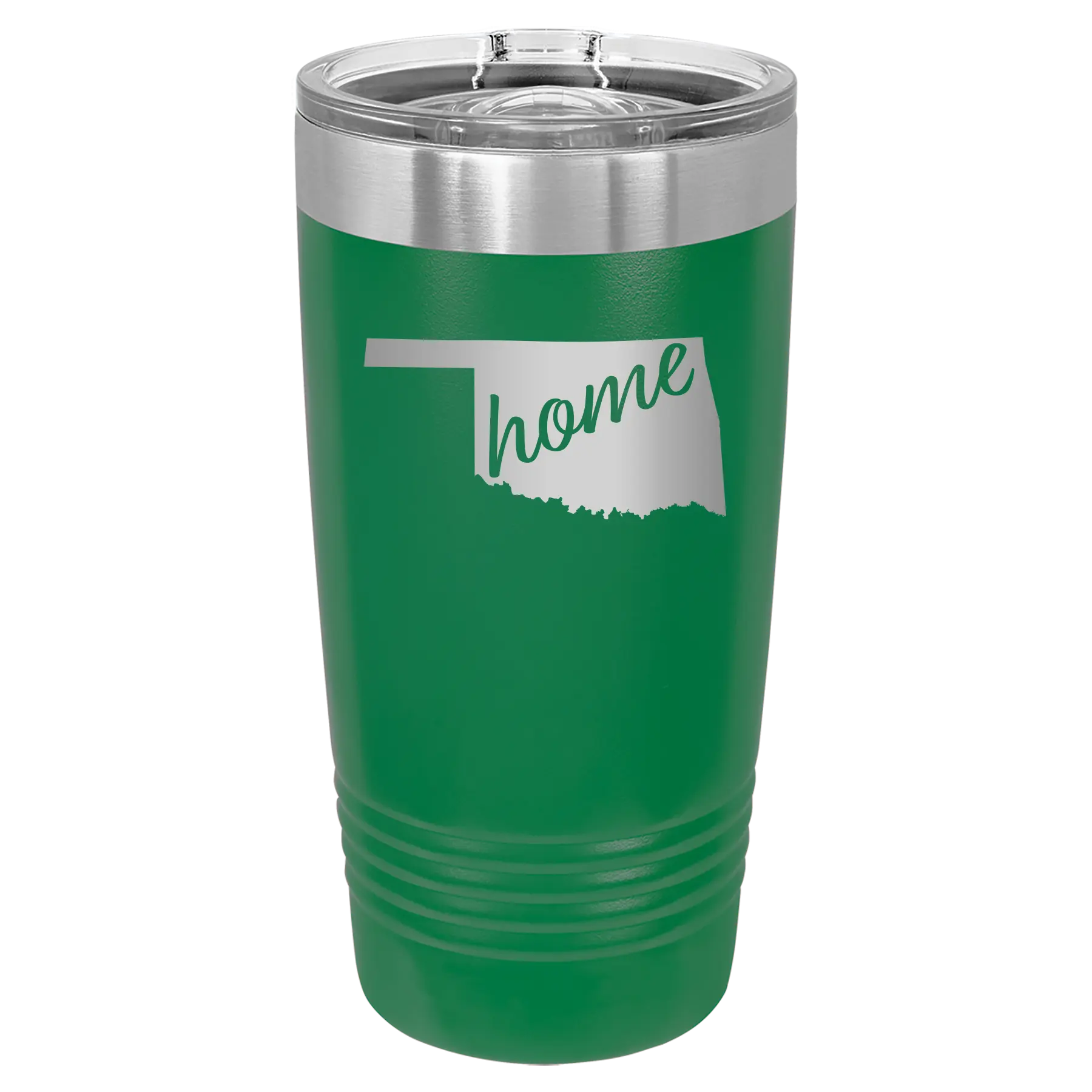 Laser etched green 20 oz vacuum insulated tumbler with 'Oklahoma Home' design