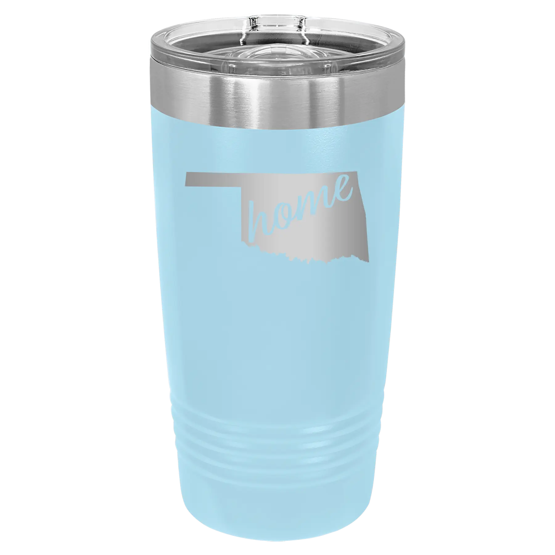 Laser etched light blue 20 oz vacuum insulated tumbler with 'Oklahoma Home' design